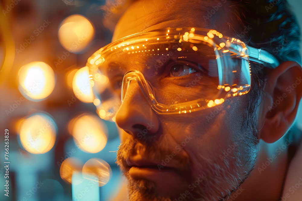men in safety glasses reflecting bright light against a background of blurry golden light, Concept: high-tech or scientific environment men in safety glasses reflecting bright light against a background of blurry golden light, Concept: high-tech or scientific environment