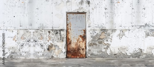A weathered wooden door rests against a clean white building facade, creating a striking visual contrast. The rectangle shape adds an artistic touch to the citys architecture