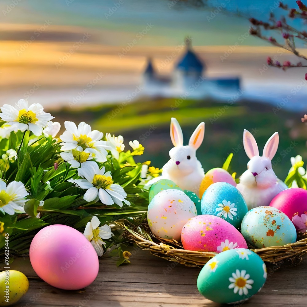 Easter Celebration: Colorful Eggs, Cute Bunnies, and Spring Flowers with Scenic Sunset Background