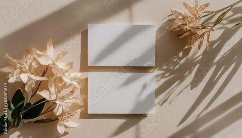 Business Card Mockup for Branding - Promotional Material for Personal Identification tied to Business - Beige Background with Shadow Overlay - Sunshine casted on Template
