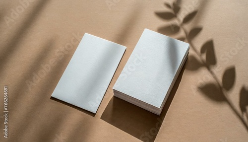 Business Card Mockup for Branding - Promotional Material for Personal Identification tied to Business - Beige Background with Shadow Overlay - Sunshine casted on Template