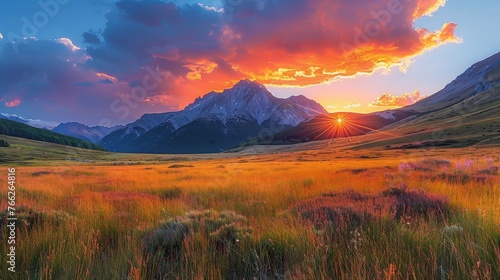 Wildflowers Field With Background Mountains