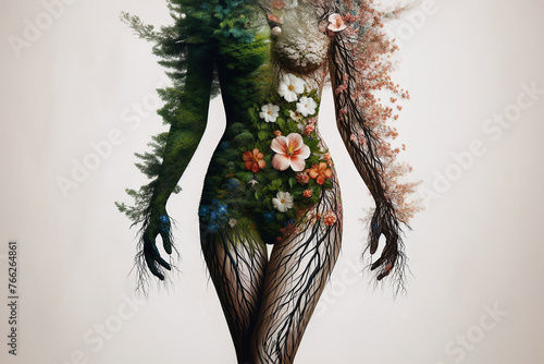 Mother Nature, young woman composed of green leafs, trees and flowers. generative ai