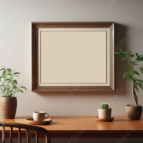 Blank picture frame mockup on a wall. Horizontal orientation. Artwork template in interior design generated by AI. © Creative Desinerz