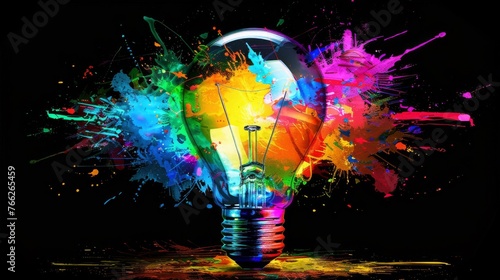 Colorful Light Bulb on Black Background