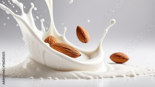 Almond nuts falling into almond splash isolated on white baclground. Clipping path. isolate