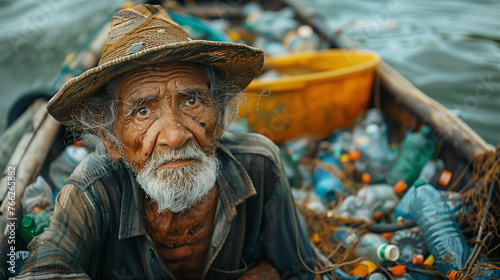 fisherman and plastic garbage