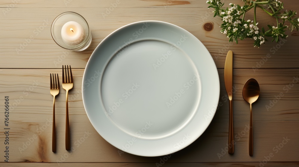 Elegant Table Setting With White Plate, Silverware, and Candle Elegant Table Setting With White Plate, Silverware, and Candle