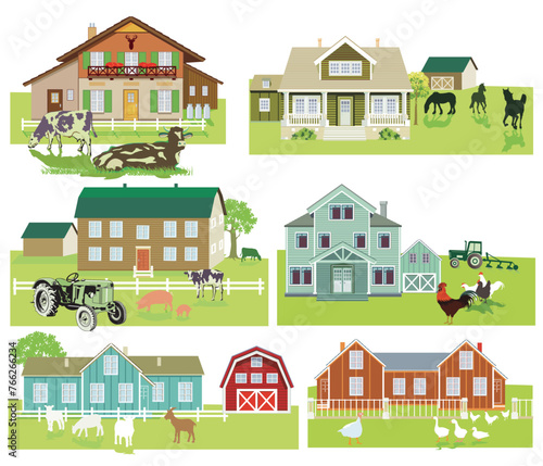 Bauernhäuser mit Vieh und Trecker, Illustration