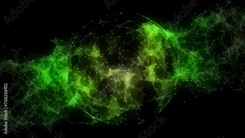 Abstract green sphere with connecting dots and lines. Network concept. Wireframe technology sphere. Big data visualization. 3d rendering.