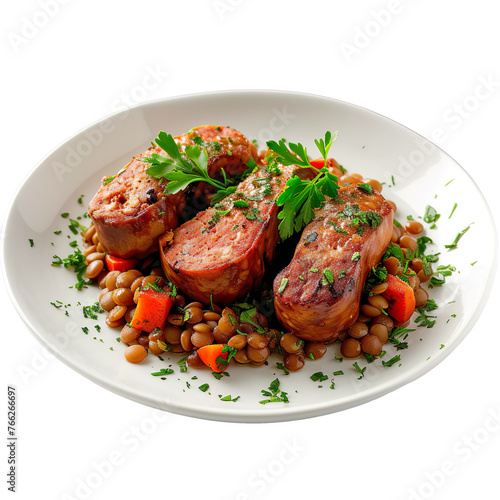 front view of Cotechino e Lenticchie with traditional Italian New Year's dish featuring slow-cooked pork sausage and lentils isolated on a white transparent background