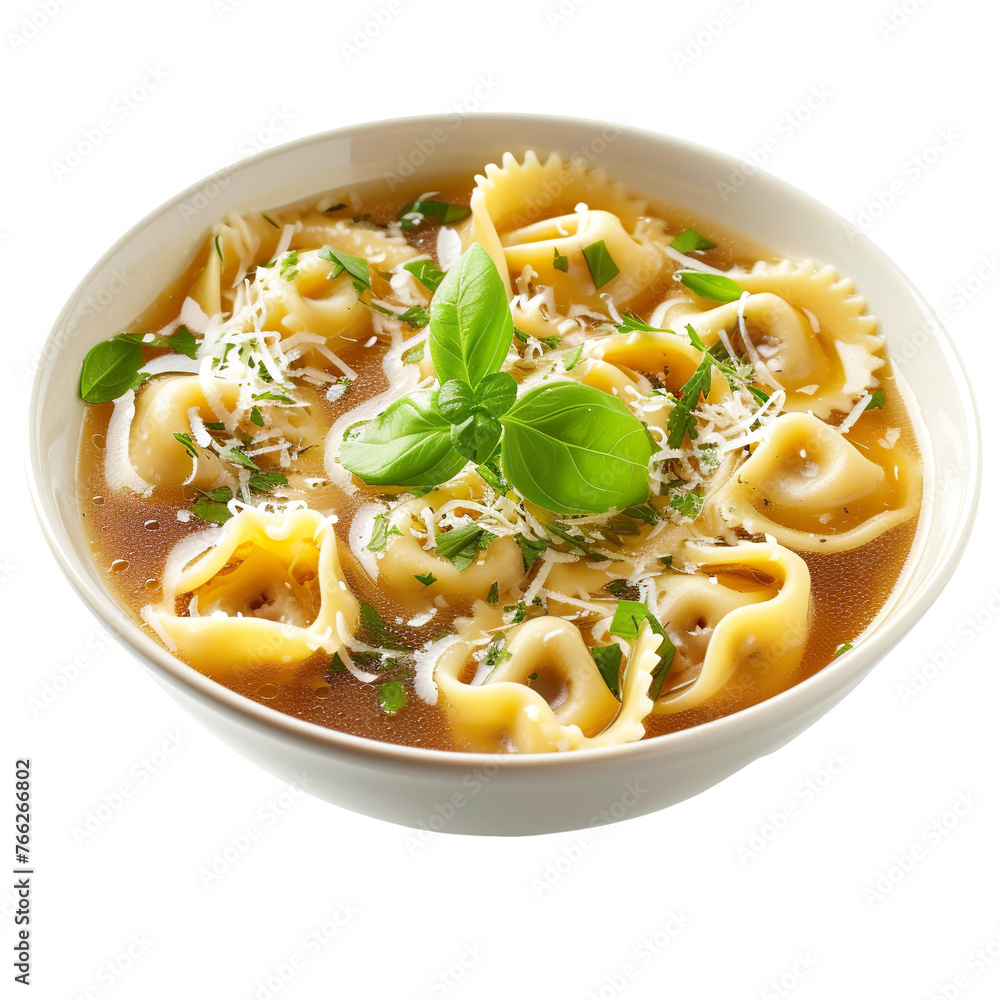 front view of Cappelletti in Brodo with small pasta filled with meat isolated on a white transparent background front view of Cappelletti in Brodo with small pasta filled with meat isolated on a white transparent background