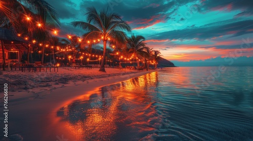 Palm Trees and Lights Reflected in Beach Water