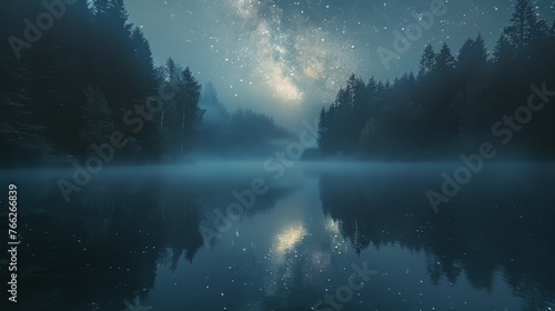 Moonlit Lake Among Trees © olegganko