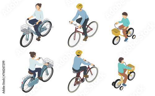 アイソメトリックイラスト:自転車に乗る人々