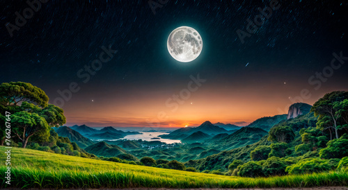 Night landscape with big moon