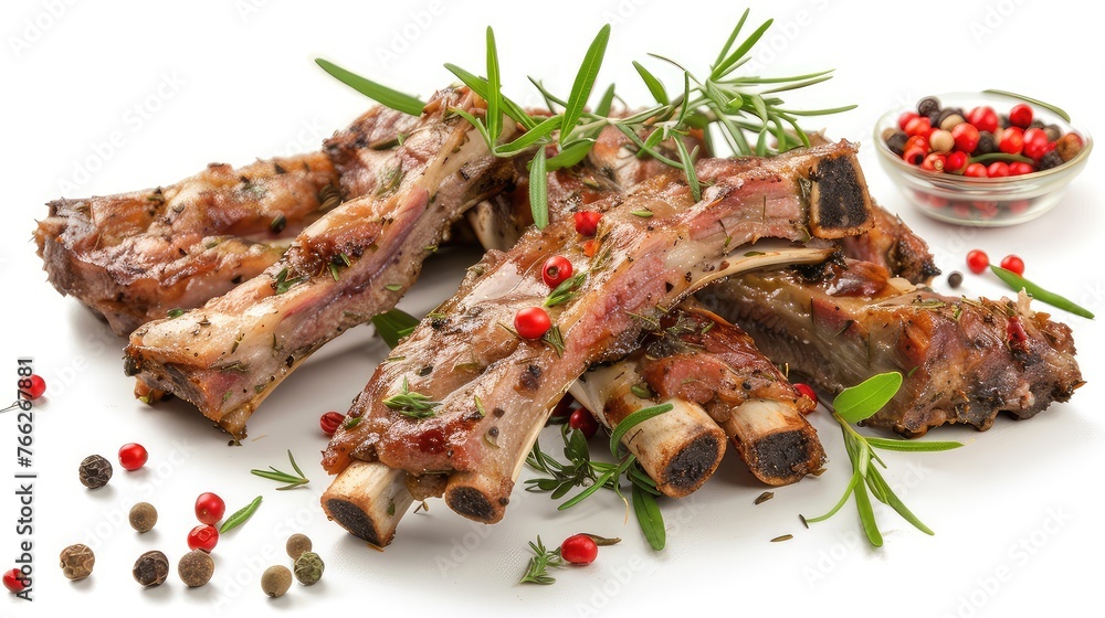 Grilled ribs on a white background. Let your taste buds celebrate as you admire these succulent grilled ribs, their flavorful essence magnified against a white background.