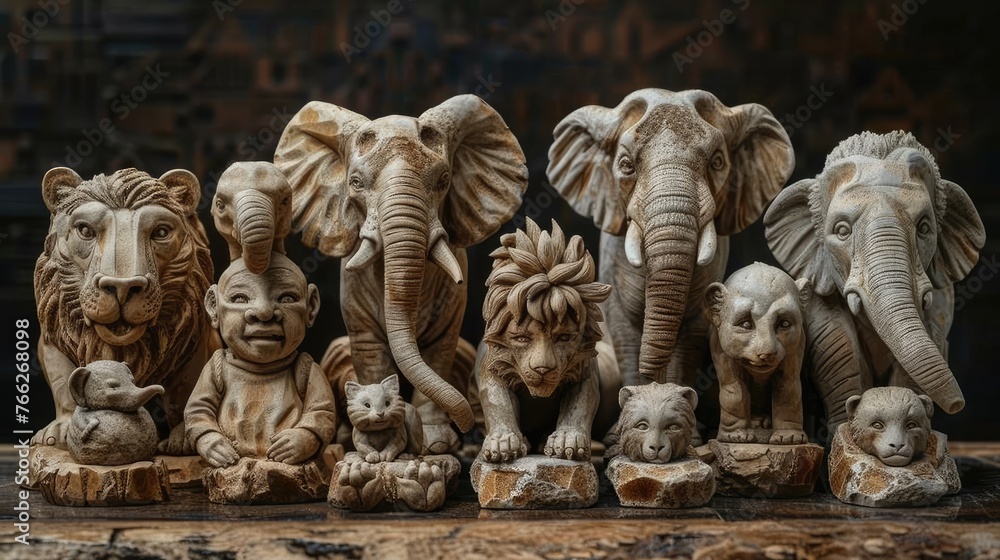 Intricately Crafted Elephant Statues in Ornamental Display