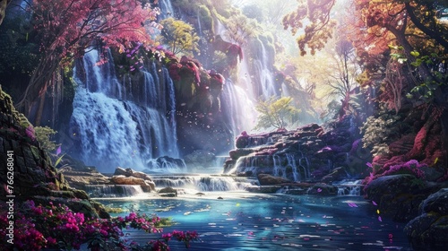 Serene forest with enchanting waterfalls, immersed in a mystical and magical ambiance. © Postproduction