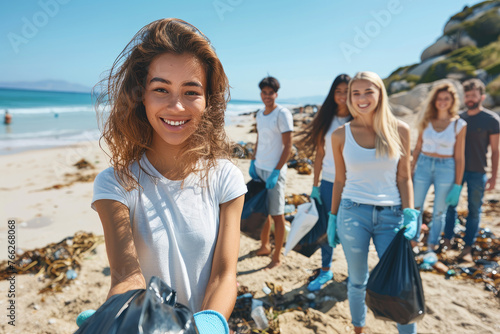 A group of young people holding black plastic bags and gloves, smiling as they clean up the beach from trash with an eye on community service work for world environment day