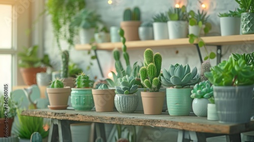 Stylish composition of home garden interior filled a lot of beautiful plants, cacti, succulents, air plant in different design pots. Home gardening concept Home jungle. Copy spcae © JovialFox