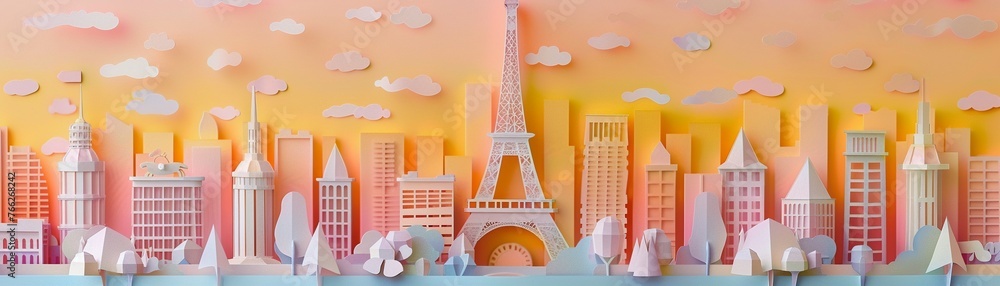 Intricate paper art of Paris skyline Eiffel Tower in focus