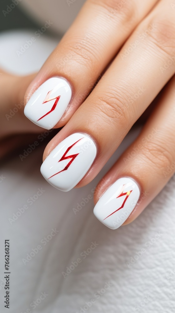 Elegant Red and White Manicure on Womans Hand Elegant Red and White Manicure on Womans Hand
