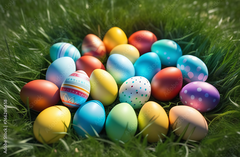 Colorful bright Easter eggs lie on the green grass on a sunny spring day. Concept - Christian holidays and traditions