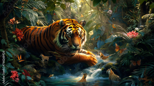 sfondo artistico con animali  in primo piano in mezzo alla natura con alberi fioriti, screensaver o carta da parati iperealitica , una tigre in primo piano photo