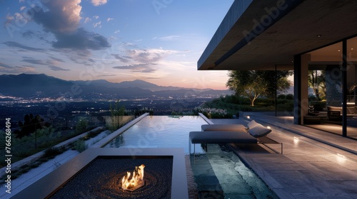 Luxurious Resort Terrace with Sculptural Fireplace and Marble Accents © MDRifatHossain