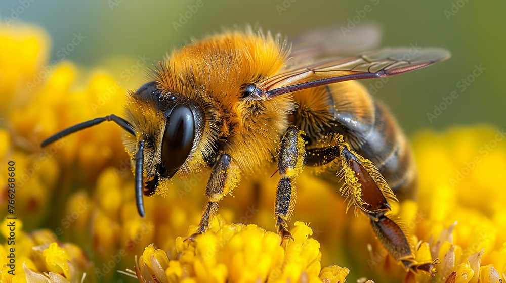 ape (apis mellifera) sui fiori , primo piano di ape che si nutre da un ...