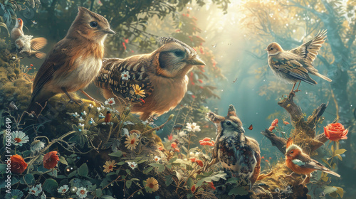 sfondo artistico con animali  in primo piano in mezzo alla natura con alberi fioriti, screensaver o carta da parati iperealitica , gruppo di uccelli photo