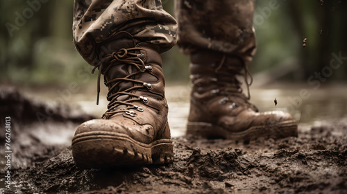 muddy boots of mountain soldier