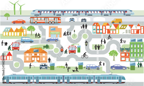 Stadtübersicht mit Verkehr und Häusern, Information illustration
