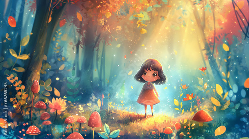Little Girl in a Magical Forest Illustration