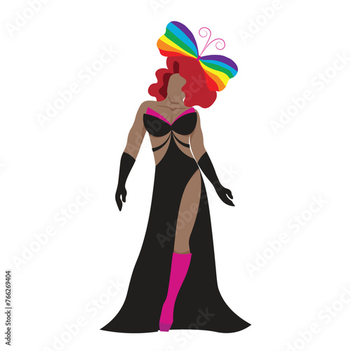 A confident transgender drag queen in black and pink modern evening gown with red wig and rainbow butterfly for LGBTQ+ concept. Vector illustration flat charactor on white background
