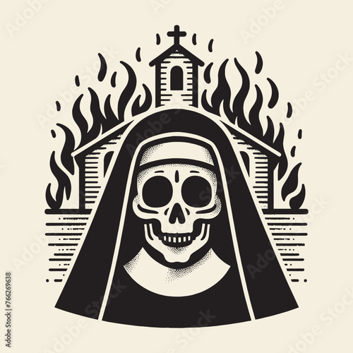 Skeleton of an evil nun and a burning church. outline black vector illustration, emblem, logo, icon, print t-shirt