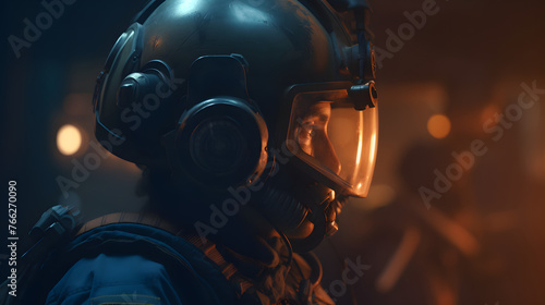 soldier with his helmet on in smokey night