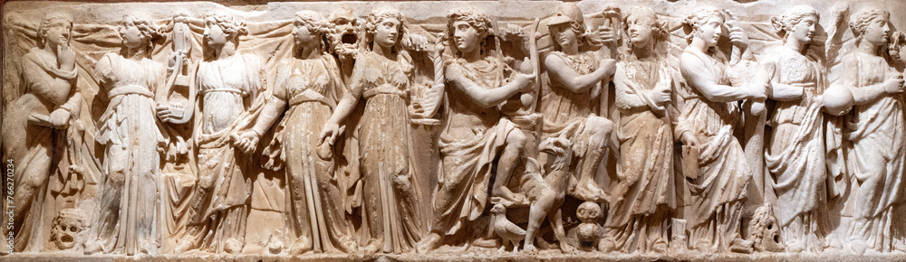 Bas-relief of ancient Greece. Horizontal Photo. High quality photo