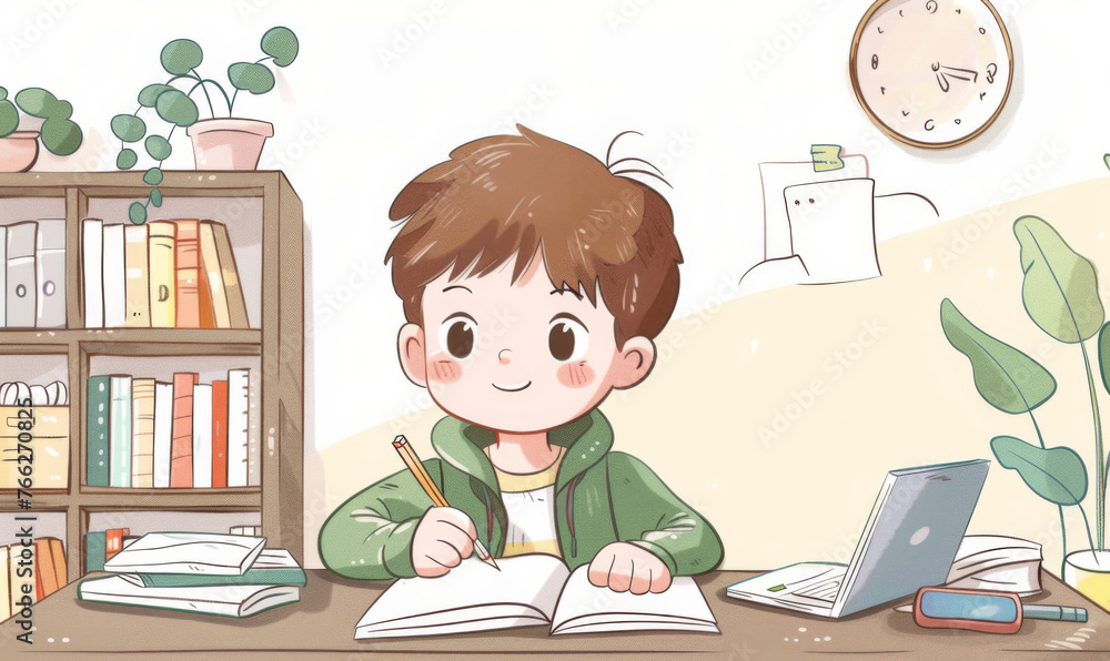 A young, animated boy focused on doing homework at his study desk with books and a laptop in a home setting. A young, animated boy focused on doing homework at his study desk with books and a laptop in a home setting.