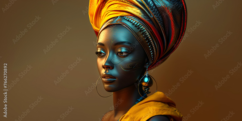 fantasy portrait of a black woman with golden tribal ornaments, african beauty with turban fantasy portrait of a black woman with golden tribal ornaments, african beauty with turban