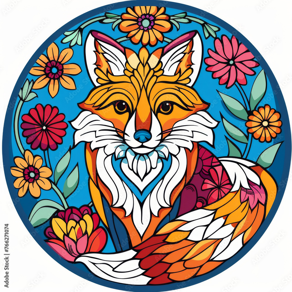 Fototapeta premium A stylized fox surrounded by colorful flowers in a mandala pattern, radiating with folk charm.
