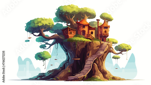Fairy tree house in fantasy rocks .. Flat vector isolated