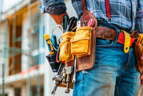 Obrero con un cinturón de herramientas frente a un edificio en construcción