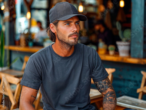 hombre tatuado  con gorra sentado en un restaurante al aire libre mirando algo a lo lejos