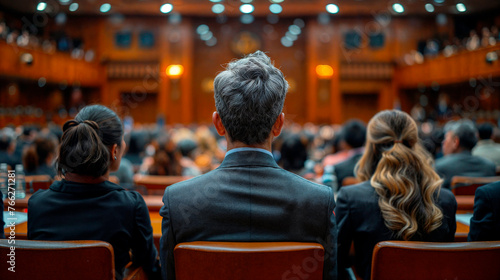 un grupo de personas sentadas en una sala de conferencias con un orador ocluido en el fondo photo