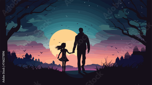 Father and daughter silhouette at night. Flat vector