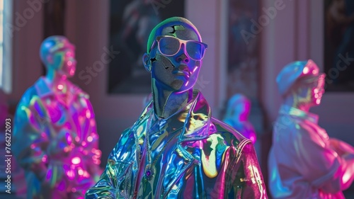 A mannequin with a holographic finish styled in hip-hop fashion stands illuminated by vibrant neon lights