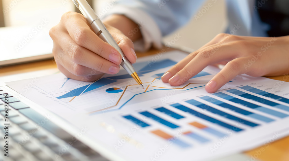 Financial overview of the hand pointing at a presentation chart on paper with colorful graphs and charts Financial overview of the hand pointing at a presentation chart on paper with colorful graphs and charts