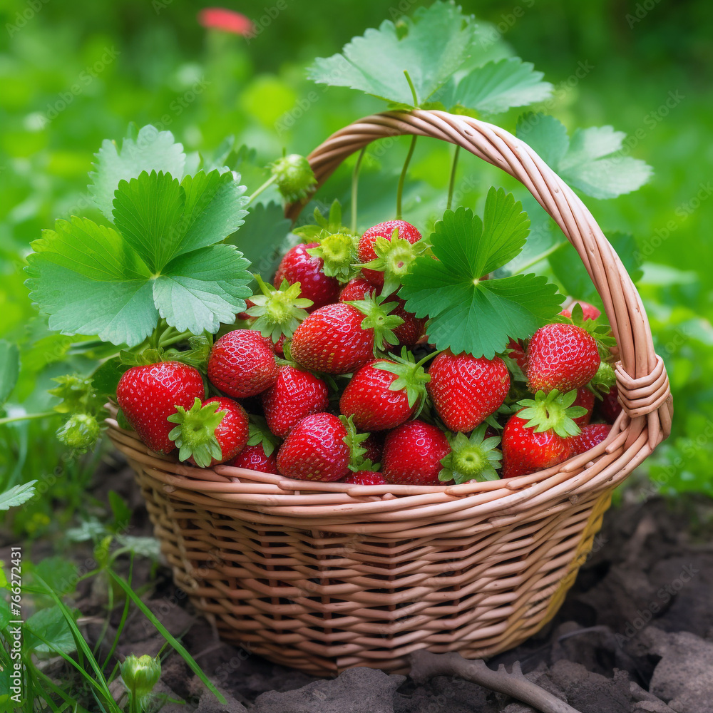 A basket of strawberries on the table with green leaves and white flowers scattered around, fresh and juicy strawberries, Illustration of a delicious berry. A basket of strawberries on the table with green leaves and white flowers scattered around, fresh and juicy strawberries, Illustration of a delicious berry.